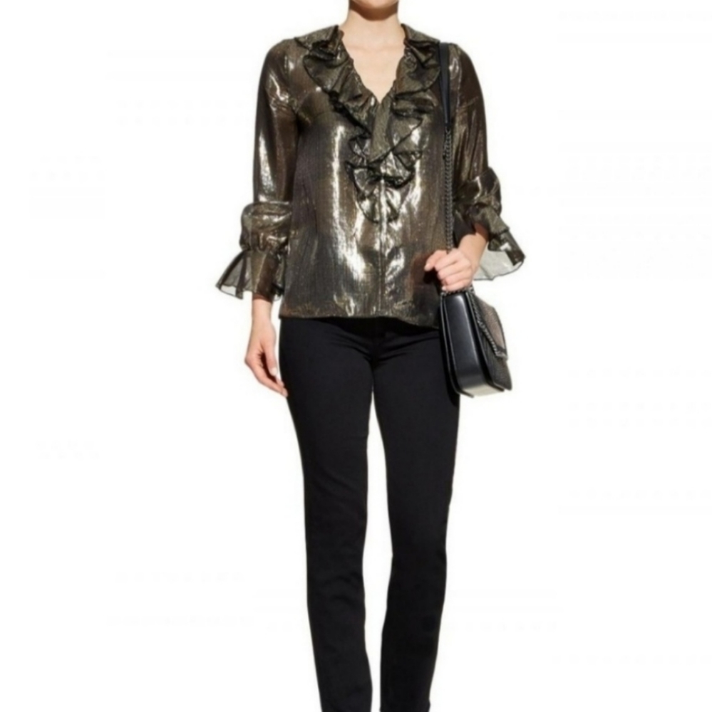 Alice + Olivia Black Gold Silk Ruffled Flowy Blouse Small